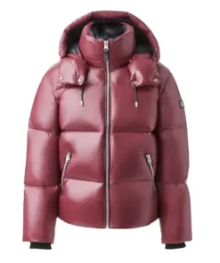 Mackage Burgundy Coat crafted in glossy puffer style with warm down padding and zip fastening for a trendy winter outfit.