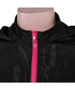 Close-up showing the neckline of the Squid Game guard black costume, featuring the attached hood and the vibrant pink zipper detail against the black jumpsuit fabric.