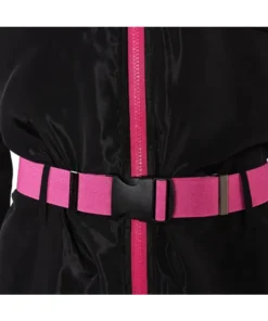 Detailed close-up of the Squid Game guard jumpsuit waist area, highlighting the pink belt with a buckle and a vertical pink zipper running down the front of the black jumpsuit.