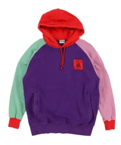 Front of a colorful teddy fresh color block hoodie with purple, pink, mint green, and red, a great casual hoodie.