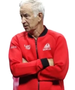 2024 Laver Cup Jacket Front Look Red Color Wearing a old man