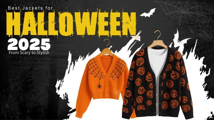 Trendy Halloween 2025 outfits – stylish orange spider web cropped cardigan and black pumpkin cardigan displayed on hangers with Halloween theme.