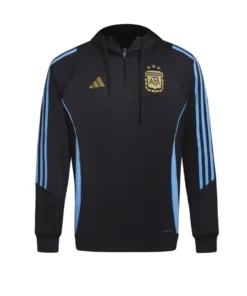 Front view of a black Lionel Messi Argentina hoodie with the Adidas logo and AFA crest, a classic Argentina soccer hoodie and a potential limited edition Messi Argentina apparel.