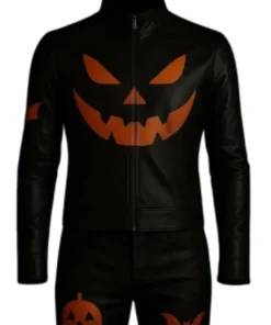 Mens Pumpkin and Bat Printed Leather Jacket