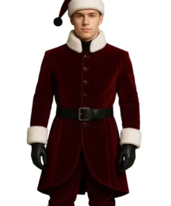 Men's Santa Claus red velvet coat (front view) with a modern, slim-fit design. This Santa coat has a high white Vegan-fur collar, a full button-front closure, and a wide black belt. The outfit includes a matching Santa hat and black gloves.