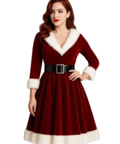 Elegant Mrs Claus Christmas Dress in rich red velvet with a flared A-line skirt, deep V-neckline, and long sleeves. This classic mrs santa dress features plush white Vegan-fur trim on the collar, cuffs, and hem, cinched with a wide black belt.