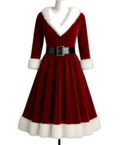 Front view of a beautiful red velvet mrs claus dress displayed on a mannequin. This christmas ms claus dress has a flattering knee-length skirt, a white Vegan-fur V-neck collar, and white Vegan -fur accents on the cuffs and skirt hem. A prominent black belt completes the festive look.