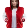 Women's Varsity Bomber Leather Jacket In Red
