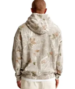 Back view of off white camo hoodie Abercrombie featuring hooded style and all-over camouflage print.