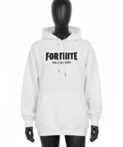 White Fortnite Balenciaga hoodie on a black mannequin, highlighting the black Fortnite Balenciaga logo for a clean, stylish look.