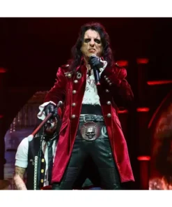 Alice Cooper wearing his iconic burgundy velvet coat on stage, styled as the Alice Cooper Burgundy Velvet Concert Coat.