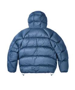 Back side of Palace Quantum Balaclava Puffa Jacket in blue with quilted puff structure and weatherproof Pertex fabric.