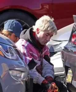 Barry Keoghan pink hybrid jacket from Crime 101 with biker track details and casual streetwear appeal.
