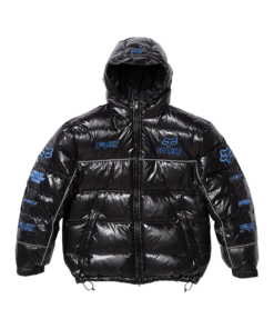 Black Supreme Fox Racing Shiny Down Puffer Jacket featuring glossy finish, insulated puffer design, and Fox Racing logo details.