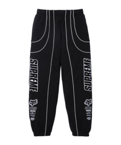 Black Supreme Fox Racing Sweatpant with white piping design, part of the Supreme Fox Racing Zip Up Hooded Sweatshirt with Pant set for streetwear lovers.