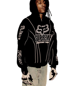 Black Supreme Fox Racing Zip Up Hooded Sweatshirt with Pant styled for urban streetwear look with white Fox Factory Team detailing and bold Supreme graphics.