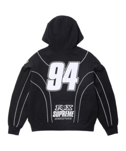 Back of black Supreme Fox Racing Zip Up Hooded Sweatshirt with Pant showing 94 number design and Fox Supreme Factory Team graphic.