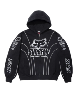 Black Supreme Fox Racing Zip Up Hooded Sweatshirt with Pant featuring Fox logo and Supreme Factory Team embroidery for street style appeal.
