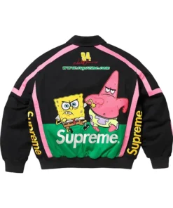 Back view of the black and pink Supreme Spongebob Jacket showing Spongebob and Patrick, the Supreme logo, and racing jacket details. This is the SpongeBob SquarePants Racing Jacket back design.