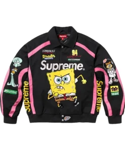 Flat lay of the front of the black and pink Supreme SpongeBob Jacket or Supreme Jeff Hamilton Jacket, featuring Spongebob running and racing details on the sleeves.