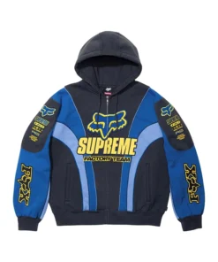 Supreme Fox Racing Zip Up Hooded Sweatshirt with Pant in blue and black, bold Fox logo and Supreme Factory Team motorsport streetwear look.