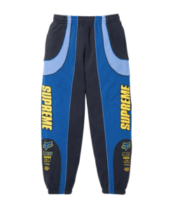 Blue Supreme Fox Racing Sweatpant featuring yellow Supreme and Fox graphics, designed to match the Supreme Fox Racing Zip Up Hooded Sweatshirt with Pant.