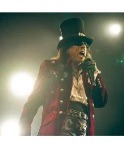 Alice Cooper dressed in a theatrical burgundy velvet coat and top hat, highlighting the Alice Cooper Burgundy Velvet Stage Coat.