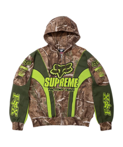 Camo and green Supreme Fox Racing Zip Up Hooded Sweatshirt with Pant showing Supreme Factory Team logo and neon Fox branding streetwear design.