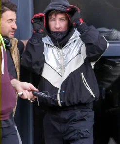 Crime 101 Barry Keoghan black grey jacket with modern reflective detailing and sleek fitted sleeves.