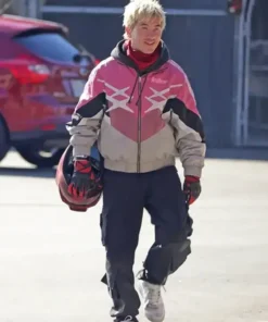 Crime 101 Barry Keoghan pink biker jacket featuring hybrid track style and sporty design from the Crime 101 movie.