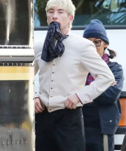 Barry Keoghan spotted in Crime 101 bellhop jacket styled with a black cap and movie-inspired attire.