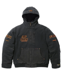Dark grey Supreme Fox Racing Denim Hooded Work Jacket front side with orange embroidered logos and ribbed cuffs.