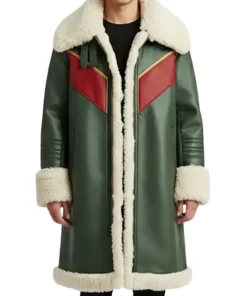 Elegant Green Shearling Winter Coat with Fur Collar