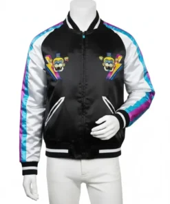 White mannequin displaying the front of the FNAF Varsity Jacket for men, a FNAF college style jacket with bright accent stripes.