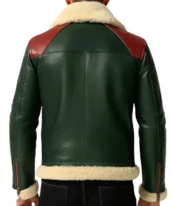 Festive Green Leather Jacket with Shearling Collar for Men