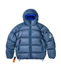 Front look of Palace Quantum Balaclava Puffa Jacket in blue showing glossy nylon finish and adjustable hood design.