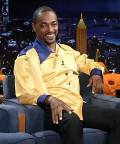 Anthony Mackie smiling in the stylish Gordon Gartrell shirt for sale, featuring navy blue details and a vintage-inspired design.