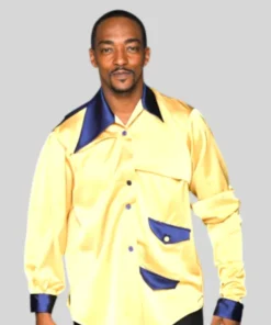 Anthony Mackie posing in the iconic Theo Gordon Gartrell shirt, a bold men’s Gordon Gartrell shirt design with blue collar and cuffs.