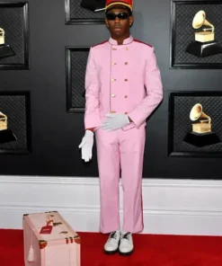 Halloween igor costume tyler the creator pink bellhop suit inspired by his Grammy red carpet look.