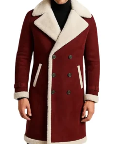 Men’s Maroon Shearling Long Winter Coat Stylish and Warm