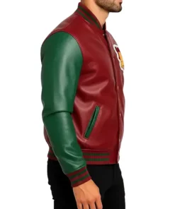 Men’s Maroon and Green Leather Varsity Jacket for Winter