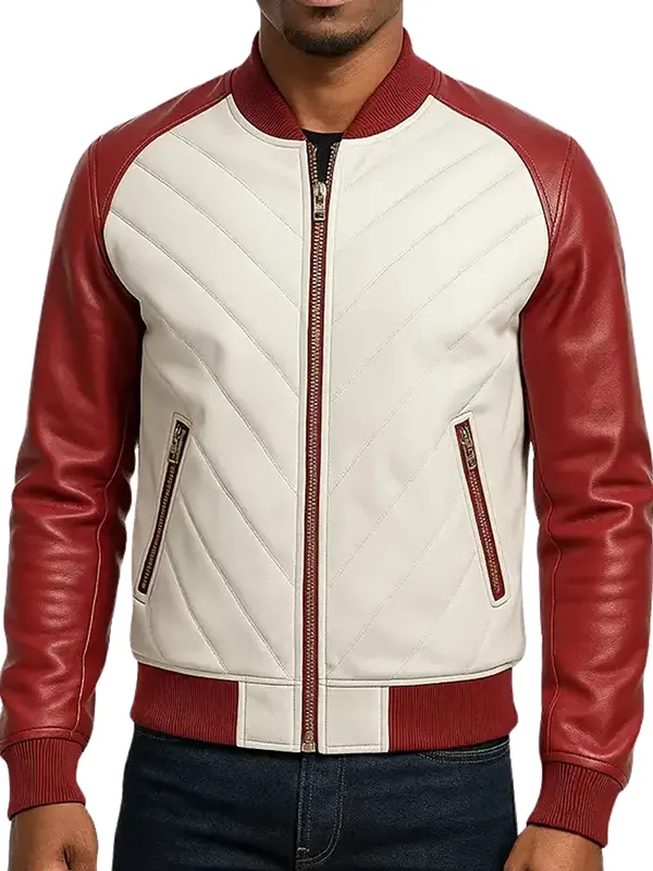Men’s White and Red Leather Bomber Jacket Trendy Style
