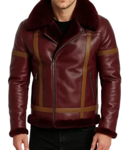 Men’s maroon shearling leather winter jacket with brown straps and zipper pockets, luxury outerwear for stylish cold-weather fashion