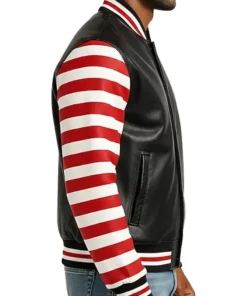 Modern Men’s Leather Varsity Jacket in Red and Black Stripes