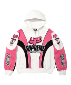 Supreme Fox Racing Zip Up Hooded Sweatshirt with Pant in pink and white, motocross-inspired streetwear hoodie with Fox logo and Supreme Factory Team graphics.