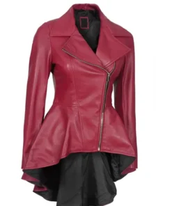 Chic pink leather peplum jacket for women featuring a front zip closure and soft inner lining.