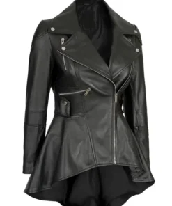 Elegant black leather peplum jacket crafted from genuine leather with stylish collar and modern fit for fashionable women.
