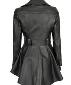 Back view of ladies black peplum leather jacket showing flared hem design and fine stitching in smooth genuine leather.