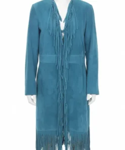 Front view of the Reba McEntire western fringe coat The Voice Season 28, a stunning blue fringe maxi coat on a white mannequin.