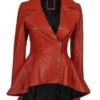 Front view of women’s red leather peplum jacket